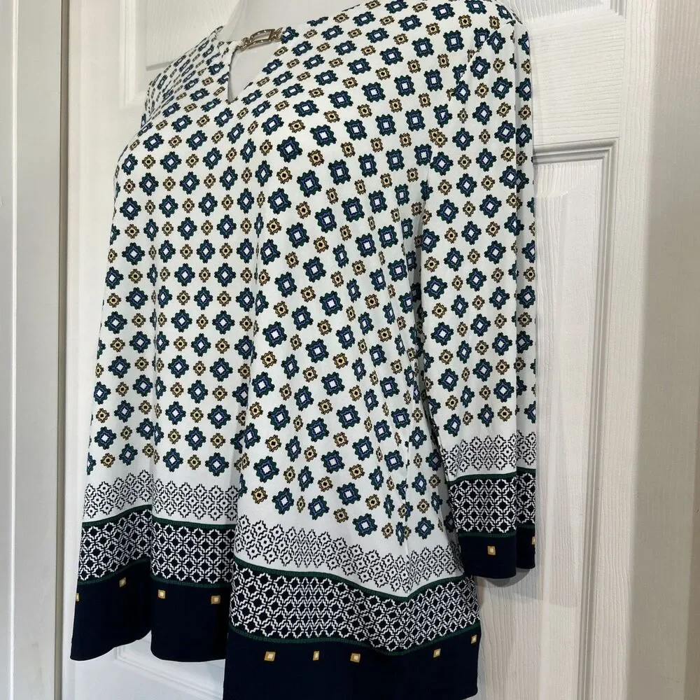 Charter Club Career Wear Women's L Tunic Blouse Stretch Knit Top Border Trim